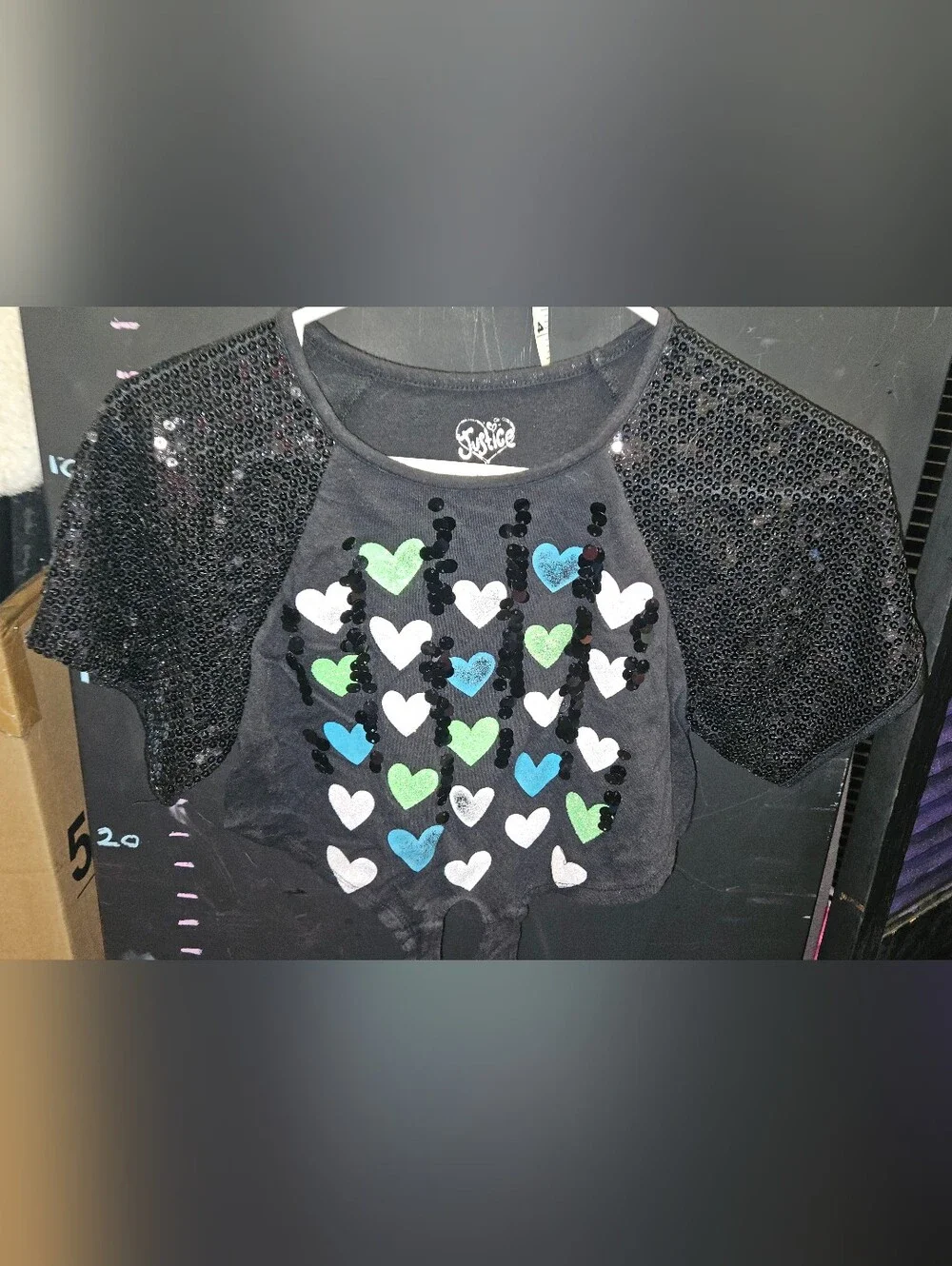 Justice Black Sequin Sleeve Heart Raglan Top - Blue Green White Size 5 Girls